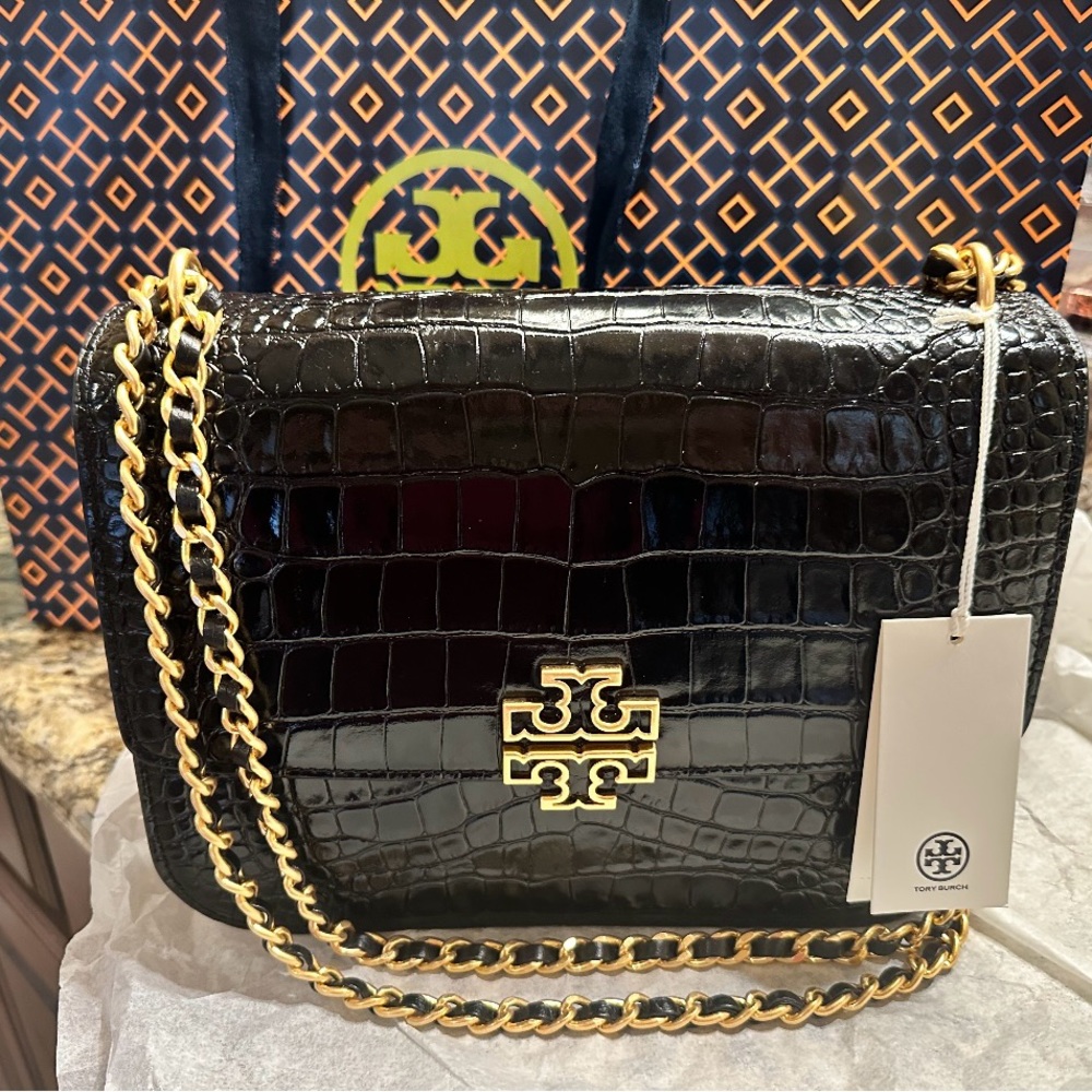 Brand New Authentic Tory Burch Croc Embossed Medium Leather Shoulder Bag